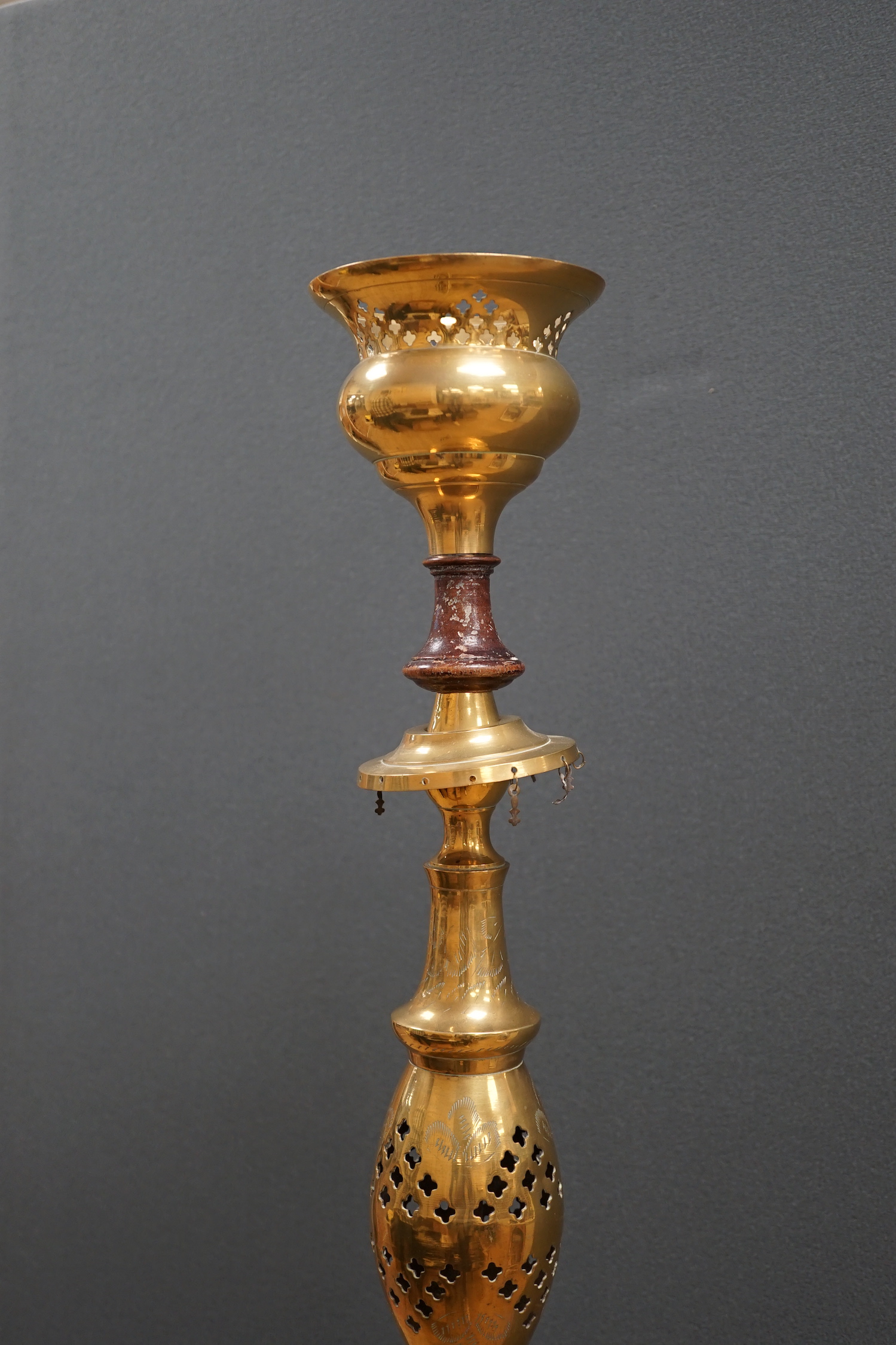 A large Middle Eastern brass hookah, 154cm